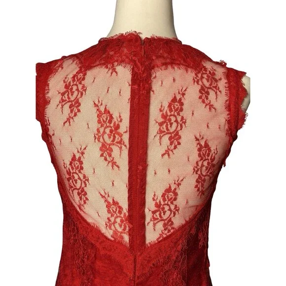 LULUS RED LACE MINI DRESS SHEER BACK EMBROIDERED SZ M EUC ROMANTIC FEMININE - Picture 5 of 8